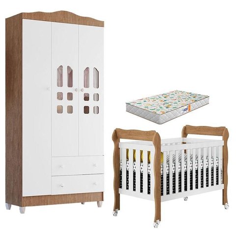 Berço Americano Lila e Guarda Roupa Infantil New Selena 3 Portas Branco Acetinado Amadeirado com