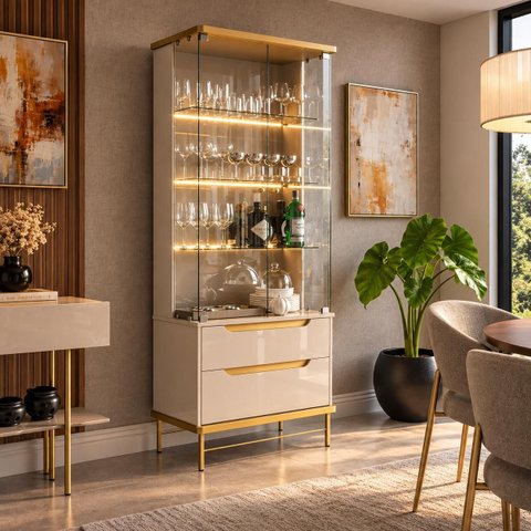 Cristaleira de Vidro com LED 100% MDF Adhalia Off White/Dourado Lukaliam