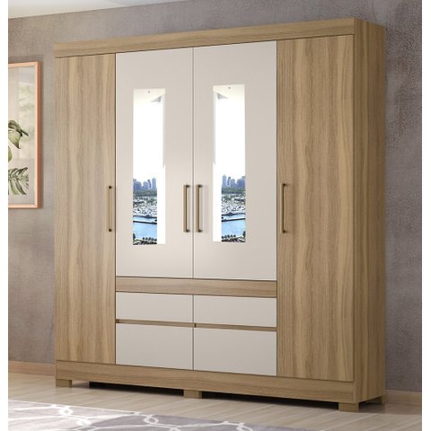 Guarda Roupa Roupeiro Casal 64110ES 04 Portas 04 Gavetas c/ Espelho Bilbao Amendola Touch Demóbile