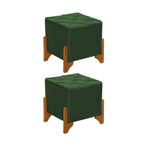 Kit 2 Puff Monet em Veludo Verde Base em Madeira Maciça