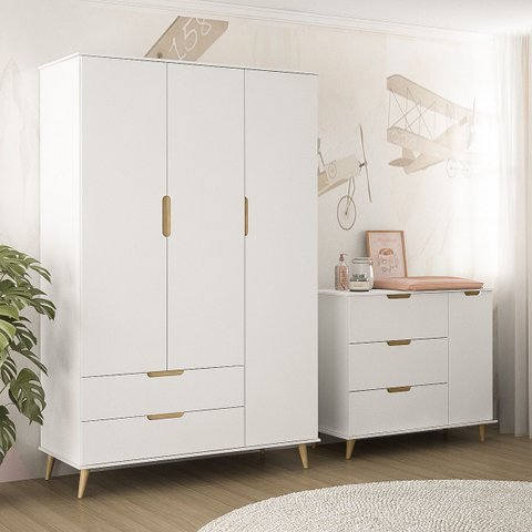 Roupeiro e  Cômoda Livia Nature Branco