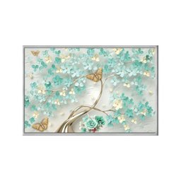 Quadro Decorativo - Arvore Floral Dourado Turquesa Borboleta Art041 - Vidro com Impressão Uv-60x40cm - 1