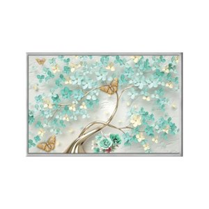 Quadro Decorativo - Arvore Floral Dourado Turquesa Borboleta Art041 - Vidro com Impressão Uv-60x40cm