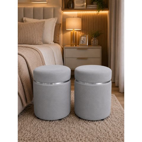 Kit de Puff com Cinta Superior Prata Cinza Veludo - Let Móveis