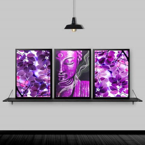 Kit 3 Quadros Buda Zen Folhas Roxas 24x18cm:Madeira preta