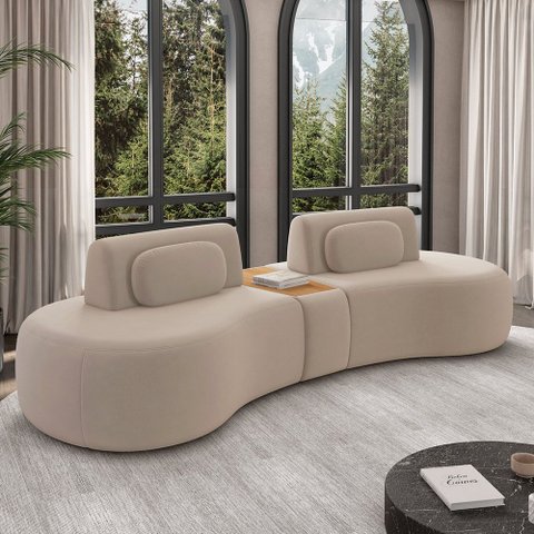 Sofá Sala de Estar Modulado França 302cm com Encosto Articulável Mesa Central e Almofadas Veludo Beg