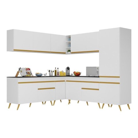 Armário de Cozinha Completa de Canto Veneza Multimóveis V2066 Branco/Dourado