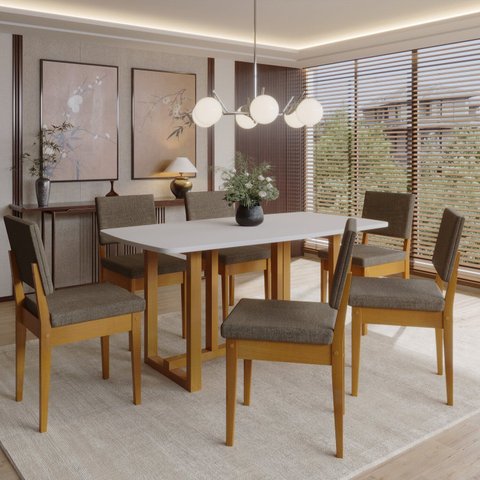 Conjunto para Sala de Jantar Filadélfia Tampo Oval 170cm com 6 Cadeiras em Madeira Maciça Miami Marrom/Cerejeira/Off White/Grafite
