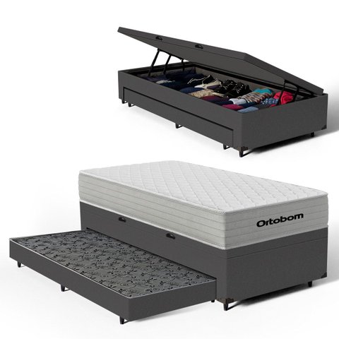 Cama Box Baú com Colchão de Molas Ensacadas Ortobom One Face Plenno Superpocket + Auxiliar de