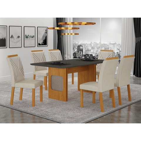 Conjunto Sala de Jantar Lara 1,80m com 6 Cadeiras Clara Plus Cinamomo/Chumbo/Joli Palha