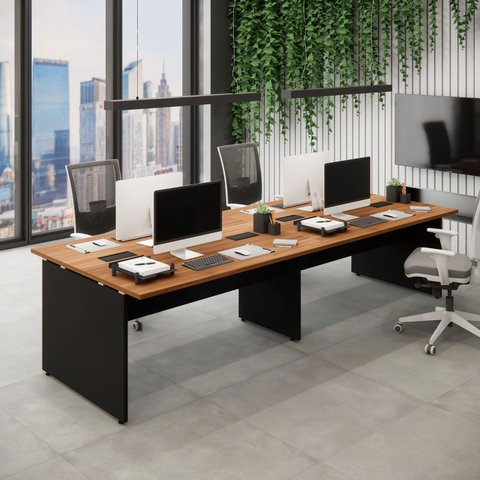 Mesa de Escritório Plataforma para 4 Pessoas 3,00m Nogal F5 Cor:nogal com Preto