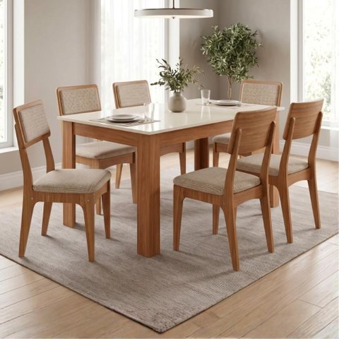 Mesa Jantar 1,60m x 0,90m com 6 Cadeiras Encosto Tela 100% MDF Dalla Costa