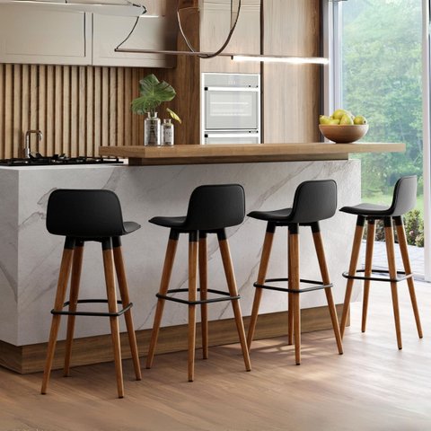 Banqueta Linea para Area Gourmet com Encosto Estofado em Linho Preta 4 Unidades