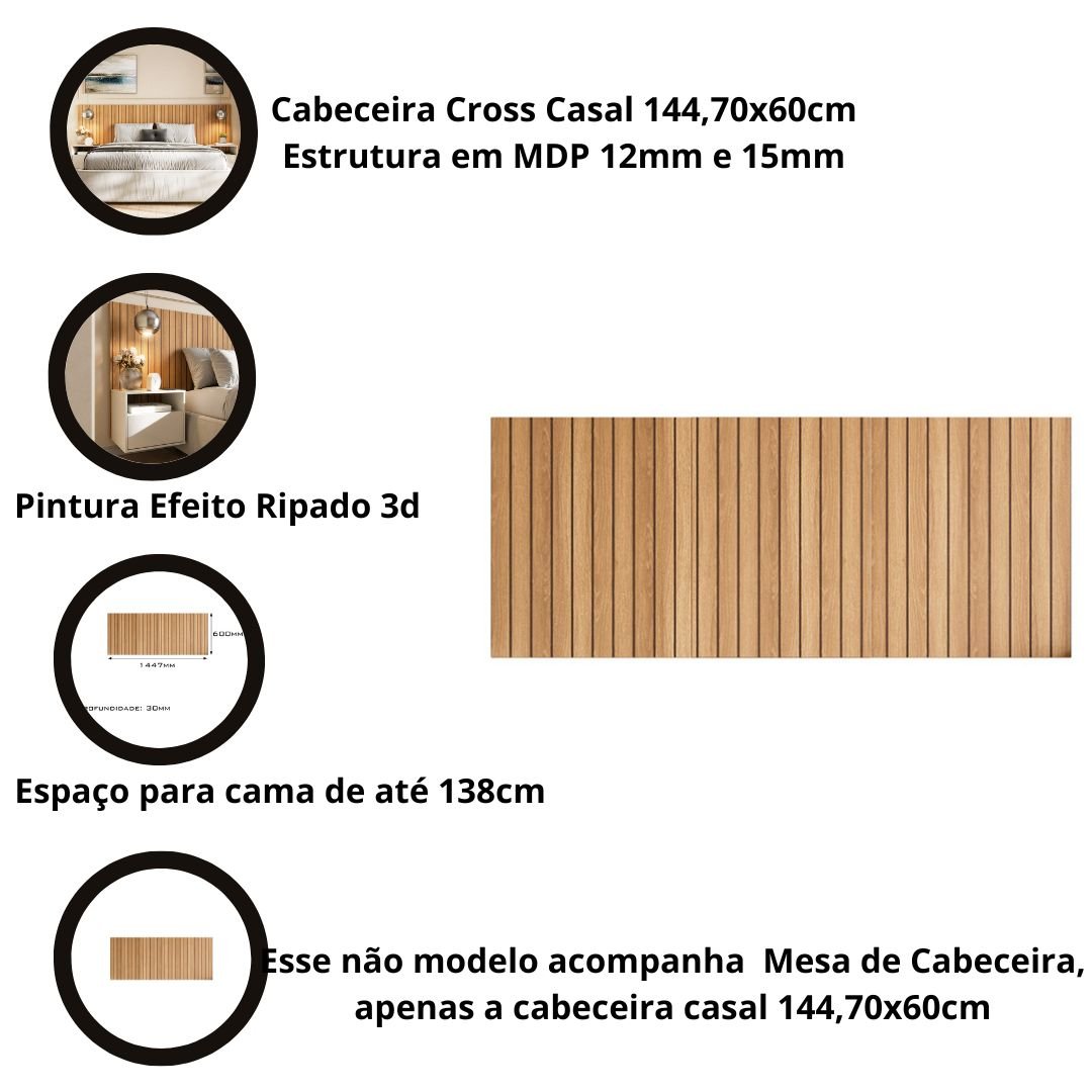 Cabeceira para Cama Box com Efeito Ripado 3d Cross Casal 144,70x60cm Freijó - Movelove - 4