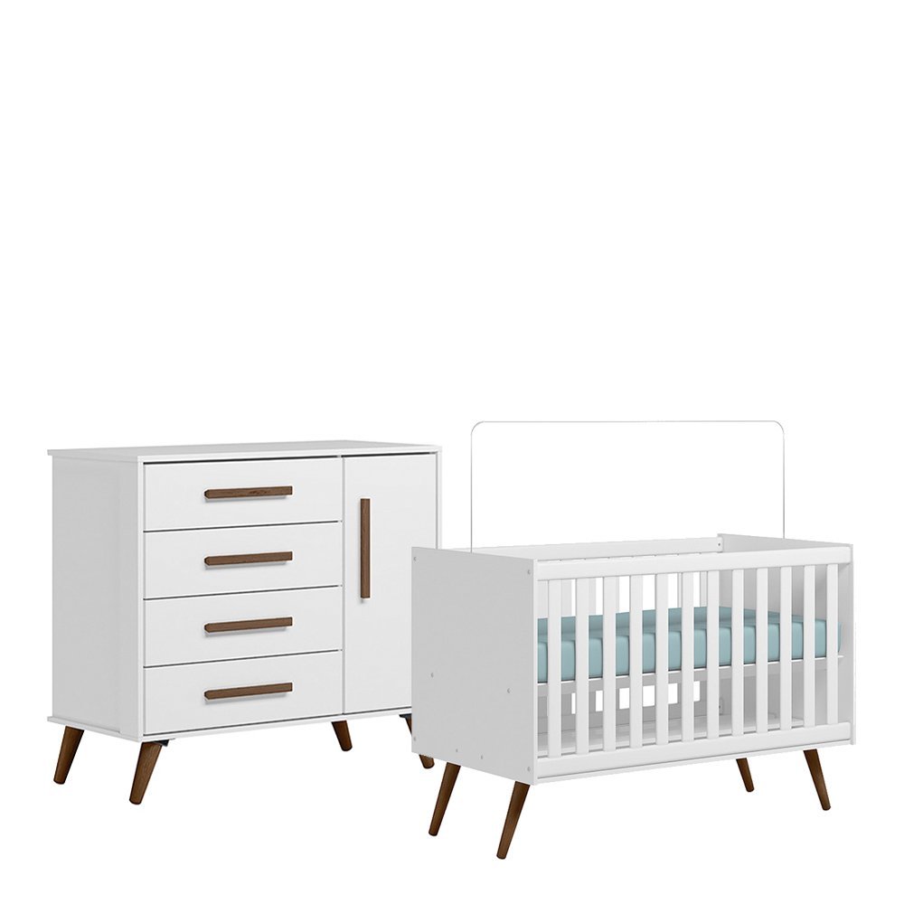 Quarto de Bebê Qencanto Retrô com Cômoda e Berço Qmovi Branco Acetinado - 1