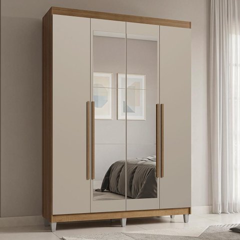 Guarda-Roupa Solteiro com Pés 4 Portas Batentes com Espelho Rustic/Crema/Rustic Saturno Madesa