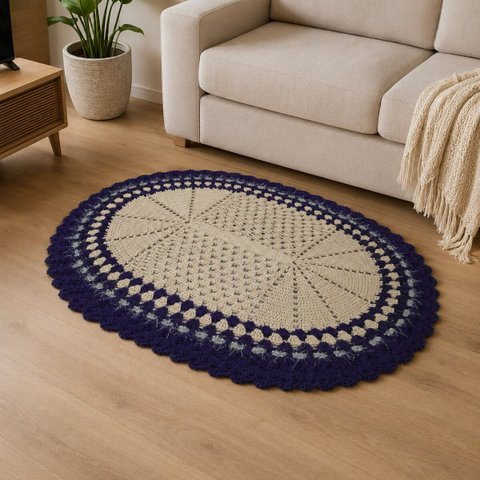 Tapete de Crochê Oval Branco e Azul Artesanal 60x85 Sala Quarto