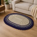 Ver imagem 1 de Tapete de Crochê Oval Branco e Azul Artesanal 60x85 Sala Quarto