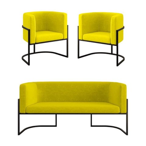 Kit 2 Poltronas + Sofá 2 Lugares Base de Metal Black Balaqui Amarelo