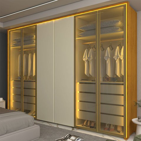 Guarda Roupa Casal Splendor 6 Portas LED 100% MDF Naturale Off White - Gelius