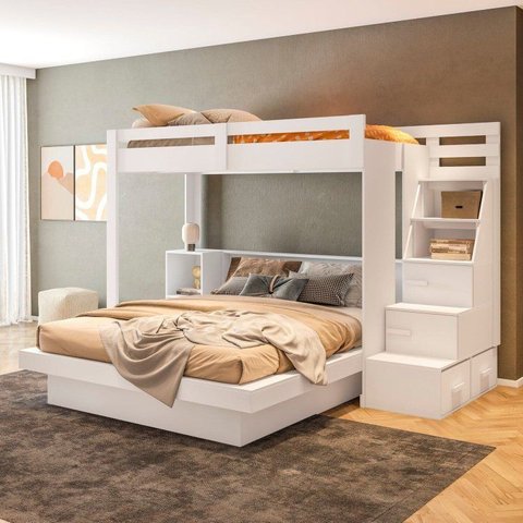 Beliche Family Adulto com Nichos e Escada Multifuncional Moon Yescasa Branco