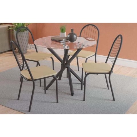 Conjunto Mesa de Cozinha Volga com Tampo de Vidro 95x95cm e 4 Cadeiras Noruega Preto Fosco Capuccino