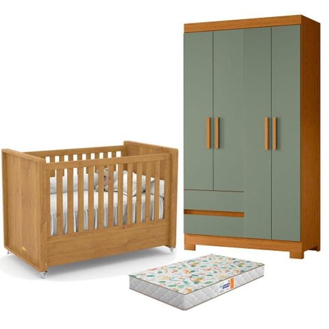 Berço Americano com Guarda Roupa e Colchão Tutto New MDF Freijó e Cinamomo Salvia