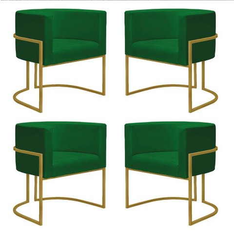 Kit 4 Poltronas Reforçadas Decorativa Sala Nayara Base Ferro Dourado Suede Verde