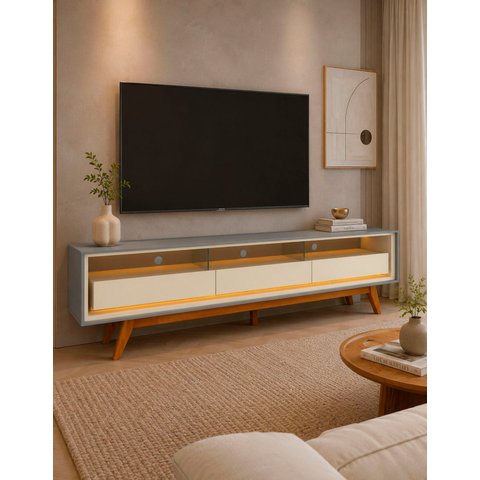 Rack Home para TV 85 Polegadas Sala Pés Madeira Tunísia Cor:Off-White e Cinza