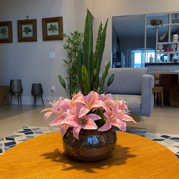 Arranjo Grande Centro de Mesa Lírio Rosa Artificial Completo Decore Fácil Shop - 3