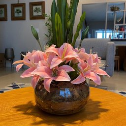 Arranjo Grande Centro de Mesa Lírio Rosa Artificial Completo Decore Fácil Shop - 2