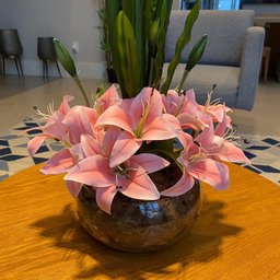 Arranjo Grande Centro de Mesa Lírio Rosa Artificial Completo Decore Fácil Shop - 4
