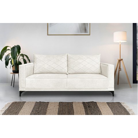 Sofá Viena 3 Lugares Bouclê Branco 2.00m Pés em Aço para Sala Bz Home Decor