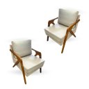 Ver imagem 1 de Kit 2 Poltronas Decorativa Mona Luxo Braço de Madeira: Linho Bege