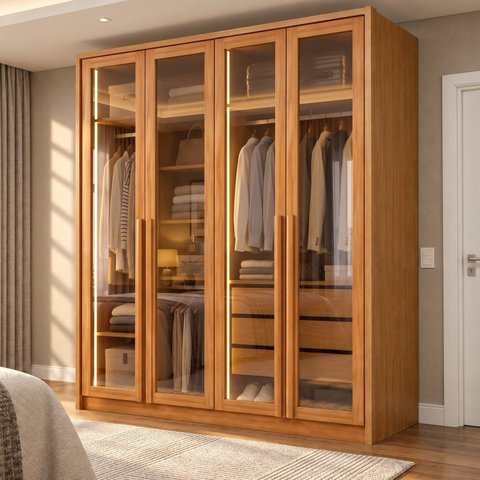 Guarda Roupa Solteiro 4 Portas com Vidro Reflecta 3 Gavetas 164cm com LED Imperiale Premium