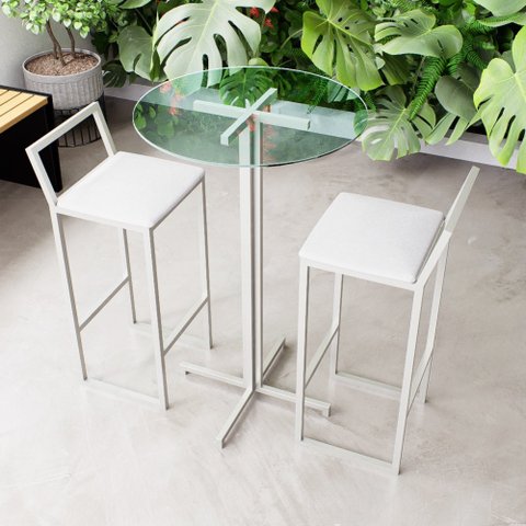 Conjunto Mesa Alta Bar Bistrô Redonda Vidro 2 Banquetas Estofado White Don Castro Decor