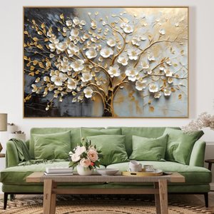 Quadro Decorativo Árvore da Vida Flores Brancas Dourado Sala Quarto Casa Escritório