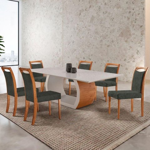 Mesa Ellis 180cm Tampo Laqueado com Vidro com 6 Cadeiras Munique Jade /off White/imbuia Nat