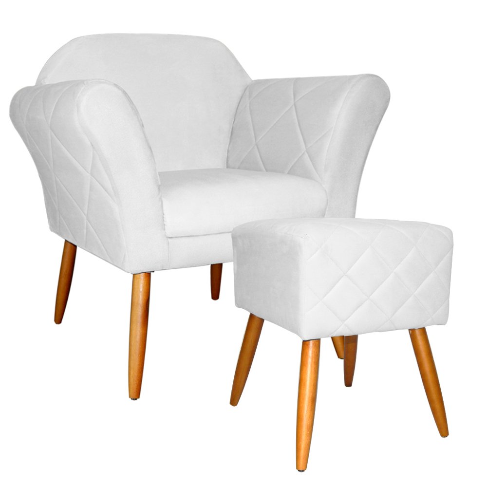 Kit Poltrona Decorativa Marcela Mais Puff Isabela Pés Palito Suede Branco - DS Estofados - 1