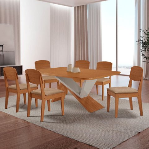 Mesa de Jantar Yasmin 180 Tampo Mdf Laminado Canto Copo e 6 Cadeiras Copper