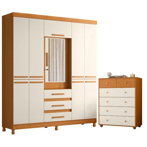 Guarda Roupa Casal New Fusion 10 Portas e Cômoda Vittoria Cinamomo Off White - Móveis Albatroz