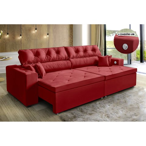 Sofá 4 Lugares Smart 2,62 Metros Vermelho Retrátil, Reclinável Tecnologia Carregamento 3 portas USB