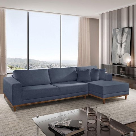 Sofá Cronos 03 Metros Chaise Lado Direito Meu Sofá Online A259 Linho Azul