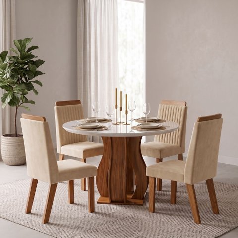 Sala de Jantar Mesa Nuance 110cm Redonda Tampo Vidro/MDF com 4 Cadeiras Monaco Cinamomo Yescasa
