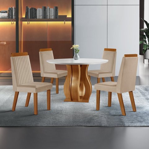 Sala de Jantar Mesa Nuance 110cm Redonda Tampo Vidro/MDF com 4 Cadeiras Monaco Cinamomo Yescasa