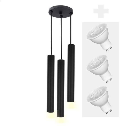 Pendente Triplo Tubo Palito Moderno 30cm Preto + Led 4w