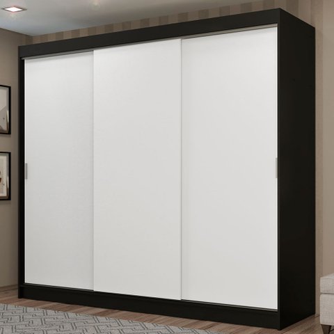 Guarda-Roupa Casal Madesa Kansas 3 Portas de Correr 3 Gavetas Preto/Branco Cor:Preto/Branco