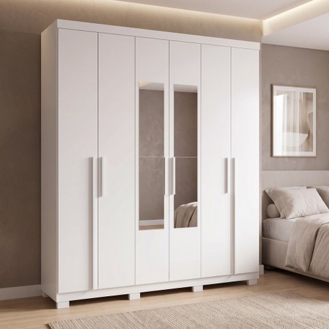 Guarda-Roupa Casal 6 Portas, 2 Gavetas, Pés e Espelho MDF Cuiabá Branco