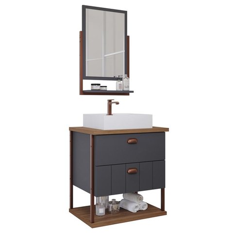 Gabinete de Banheiro Uni com Cuba e Espelheira 60cm Titanium/freijo - Mgm