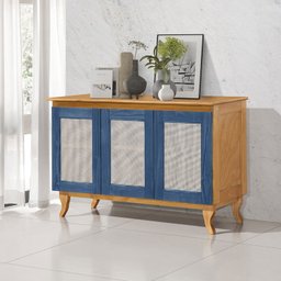 Buffet Aparador Tela 3 Portas Madeira Maciça Deltan Imbuia com Azul Lavado - Atraente Móveis - 2